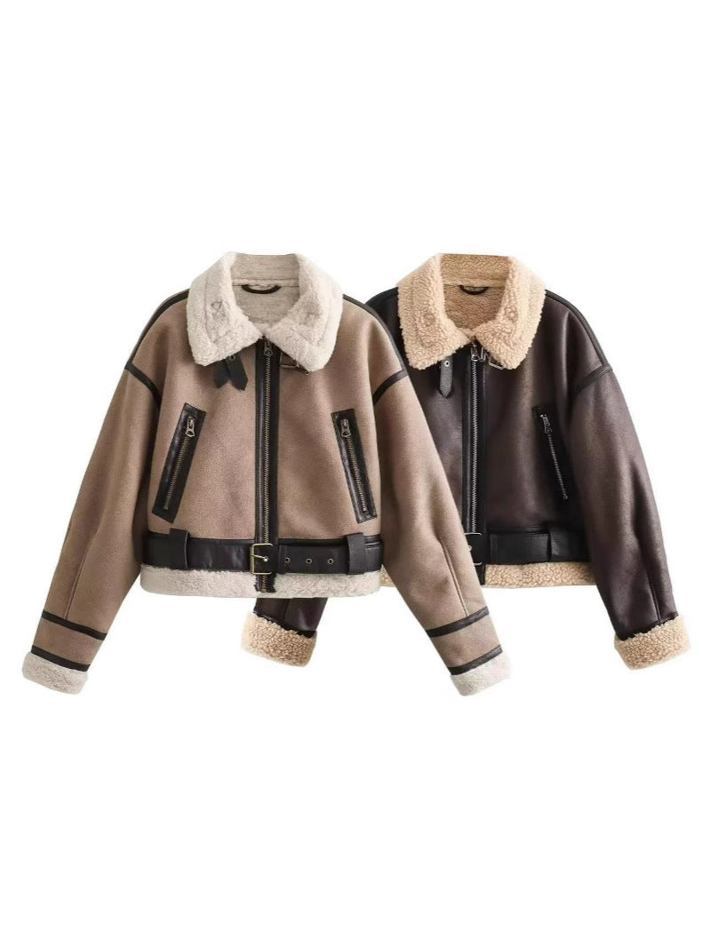 Faux Fur Leather Short Zip-Up Jacket teemdrop