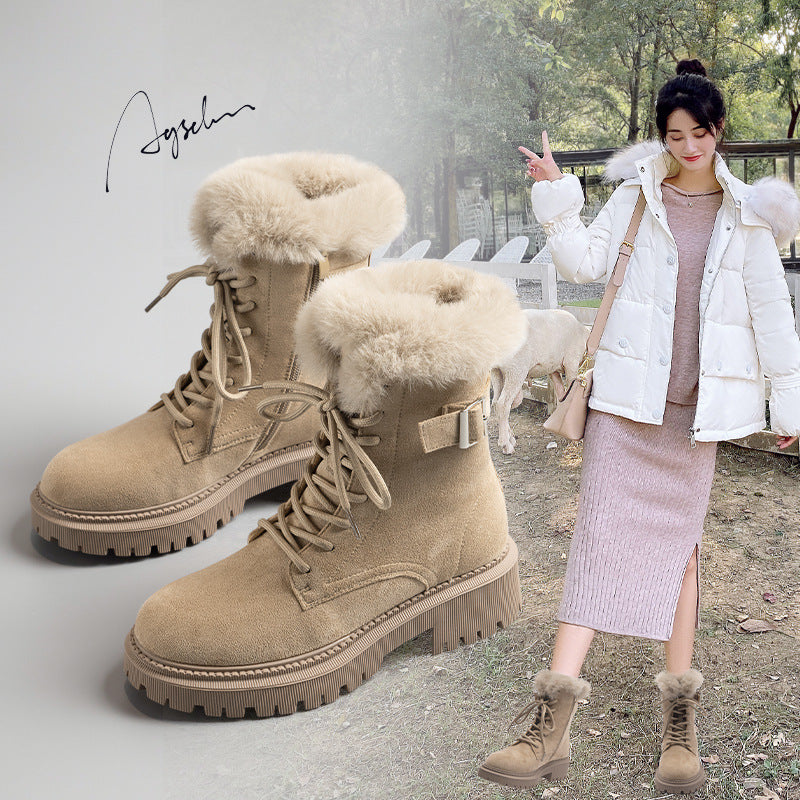 Augusden Women Fleece-Lined Short Snow Boots Thickened Cotton Motorcycle Martin Boots teemdrop
