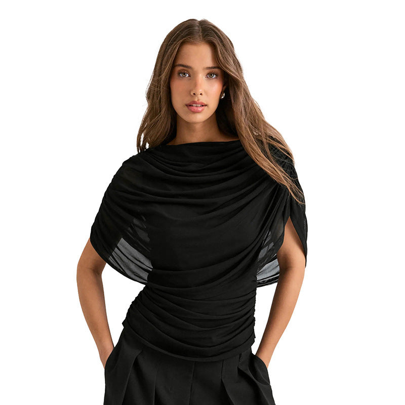 Lady's sleeveless scarf-necked pleated blouse