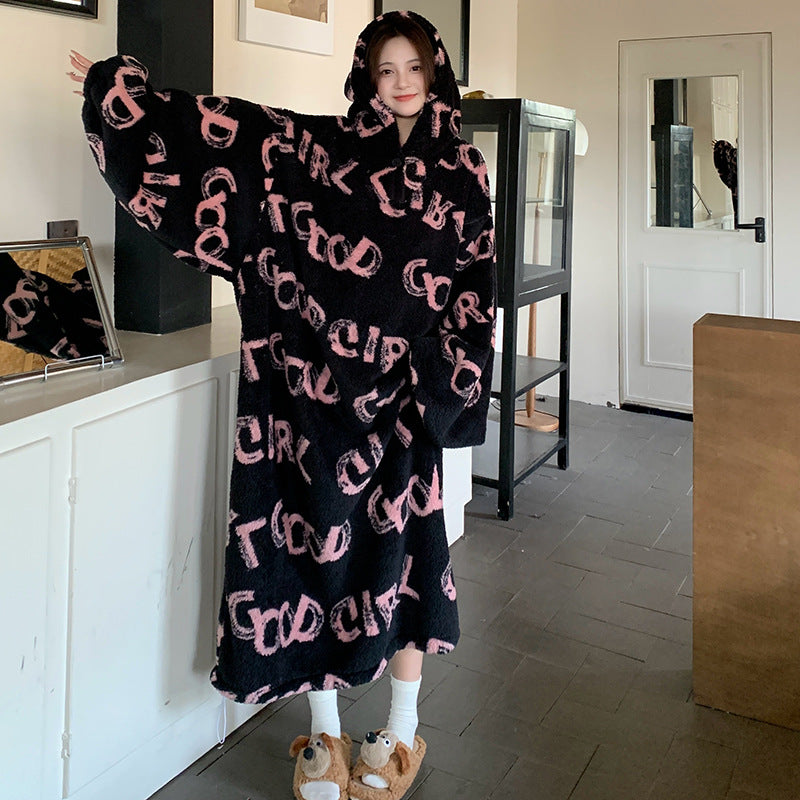 Women's Thickened Coral Fleece Hooded Nightgown Oversized Winter Warm Robe teemdrop