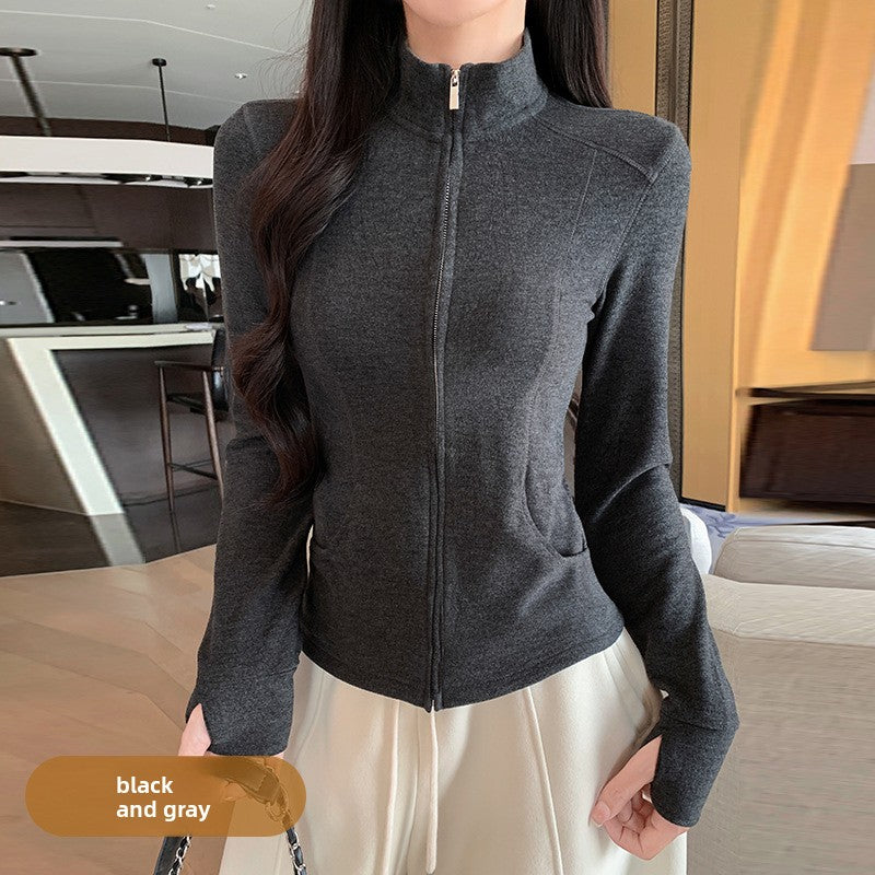 Women Stand Collar Zip Front Jacket Slim Fit Long Sleeve Wool Blend Top teemdrop