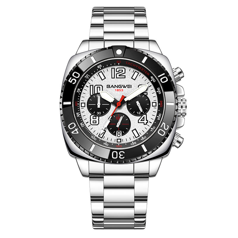 Men's Multifunction Chronograph Calendar Luminous Waterproof Stainless Steel Quartz Watch teemdrop