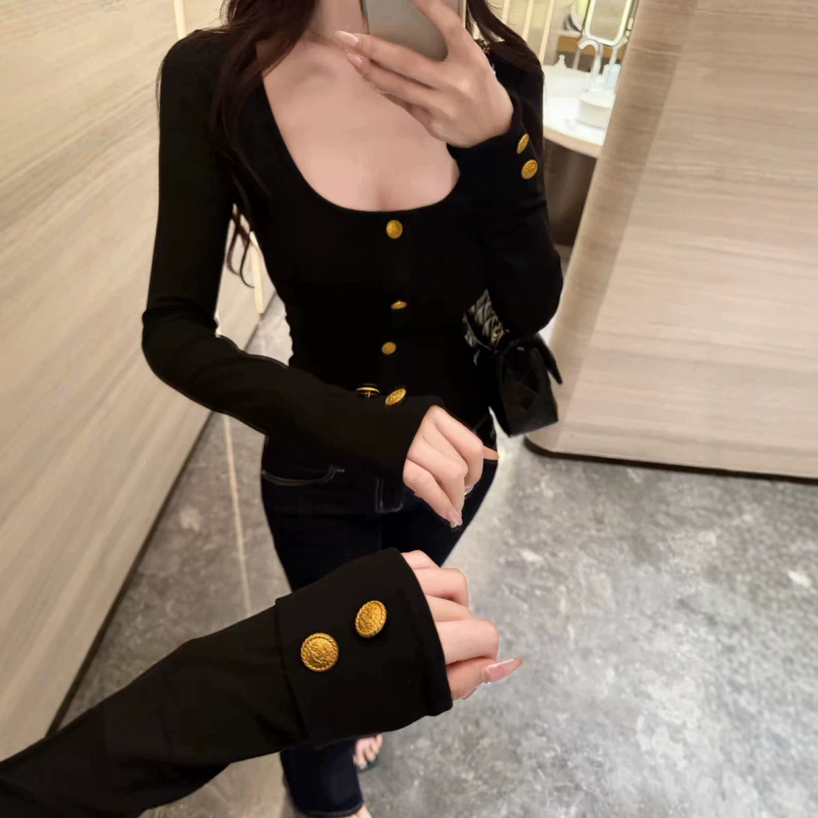 Women's Square Collar Long Sleeve Brushed Slim Fit T-Shirt teemdrop