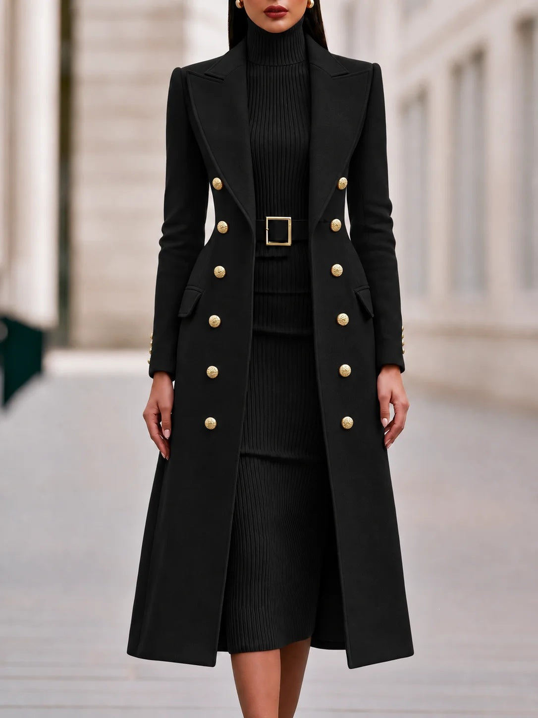 Women's Double-Breasted Woolen Coat and Knitted Dress Two-Piece Set teemdrop