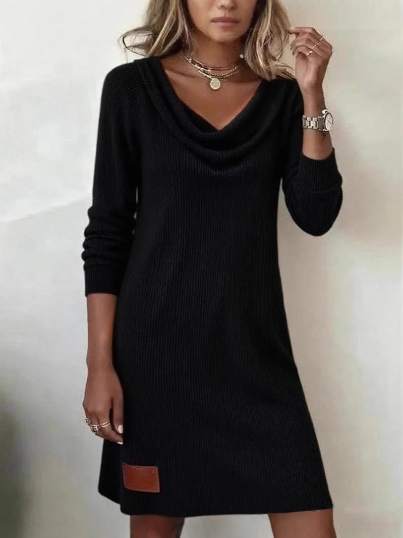 Women's Long Sleeve Pile Collar Slim Knitted Dress teemdrop