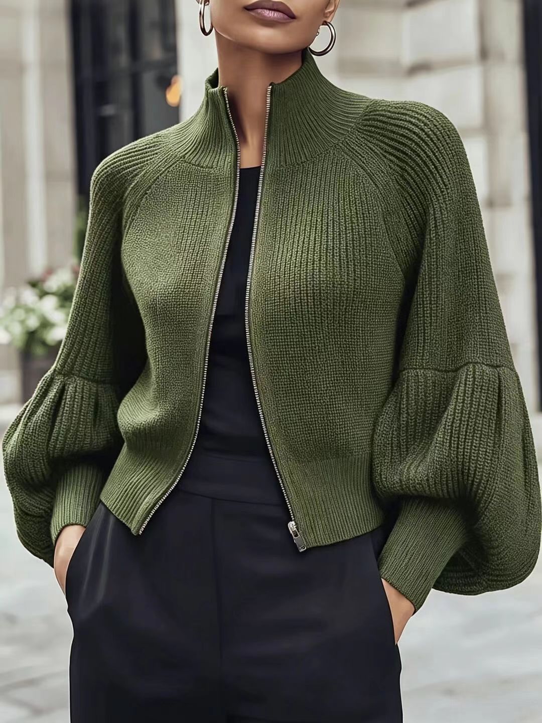 Women's Stand Collar Zip-Up Lantern Sleeve Textured Knit Sweater teemdrop