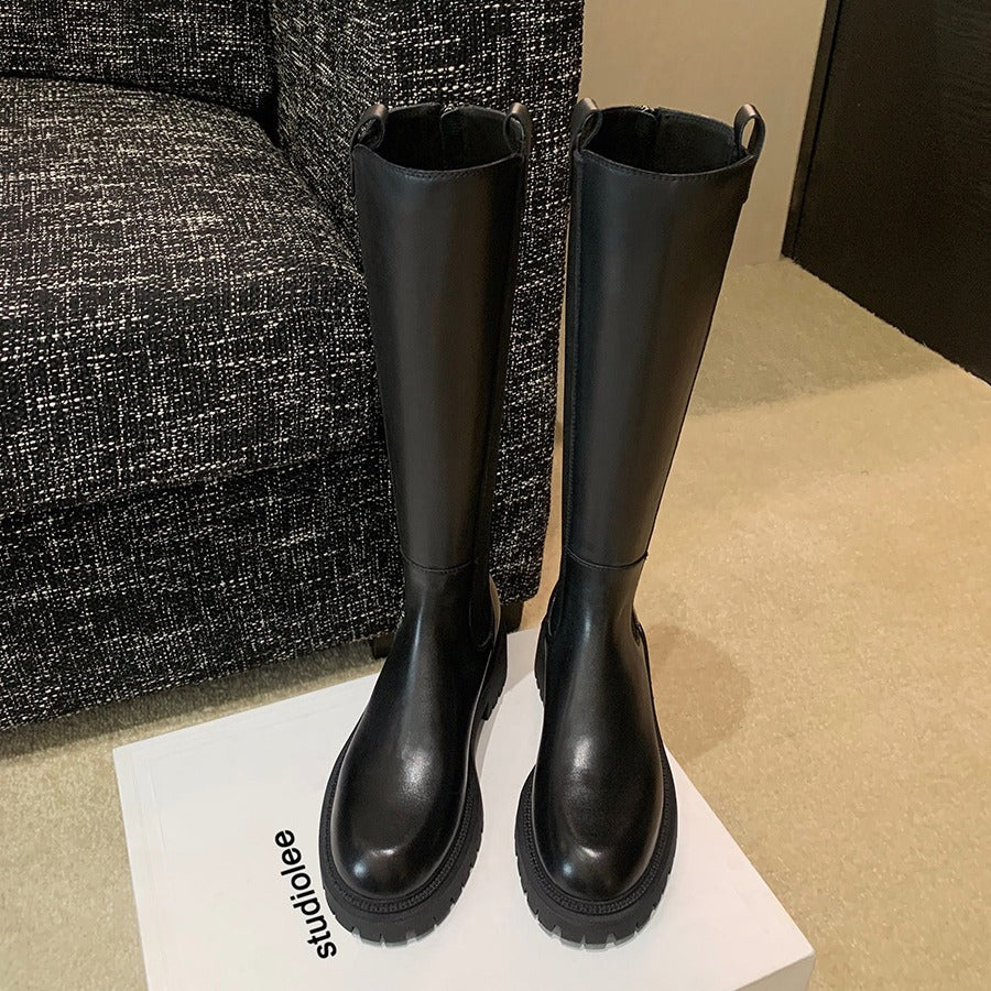 Women Genuine Cowhide Leather High-Top Chunky Heel Chelsea Riding Boots