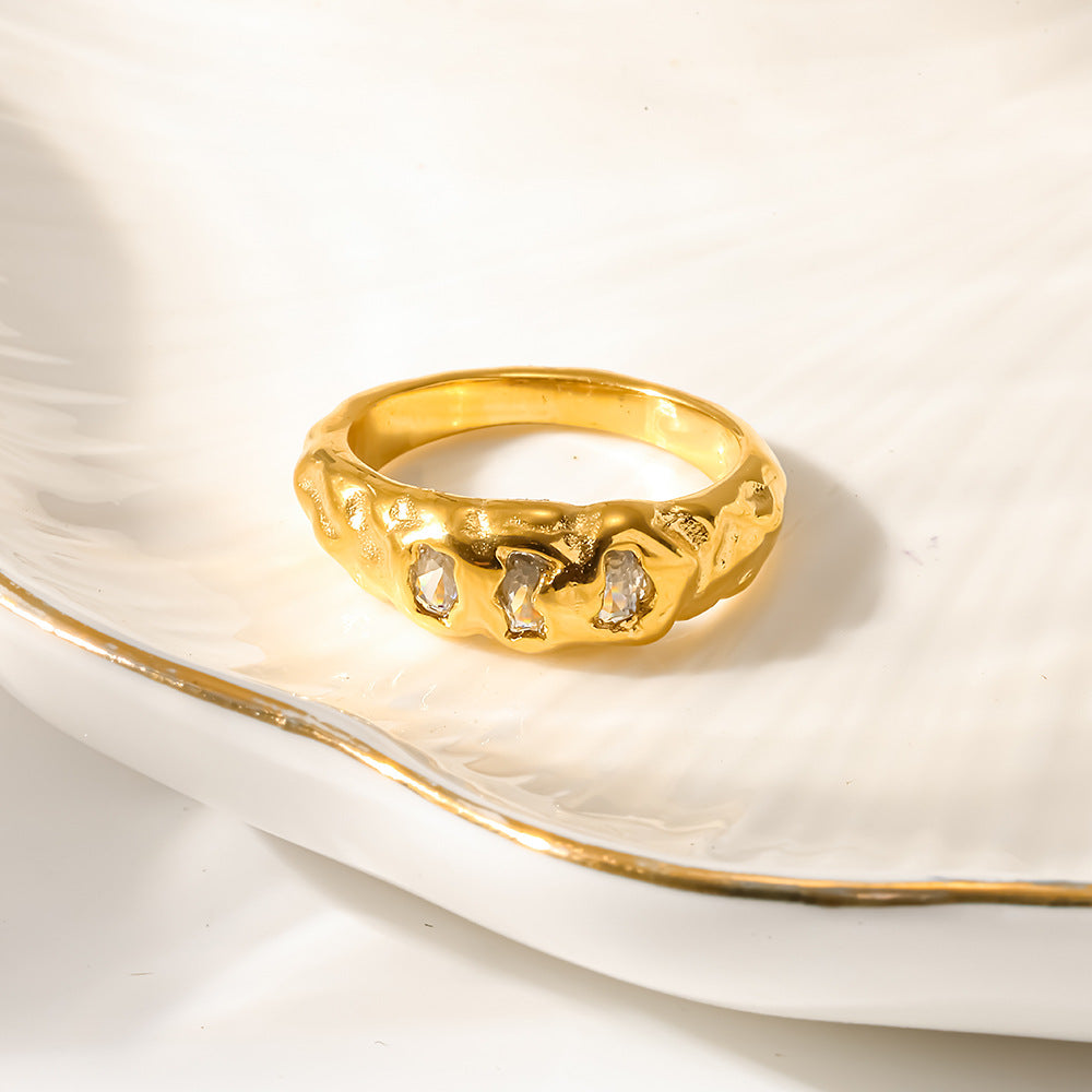 18K Gold Plated Irregular Texture Zircon Ring for Women Stainless Steel
