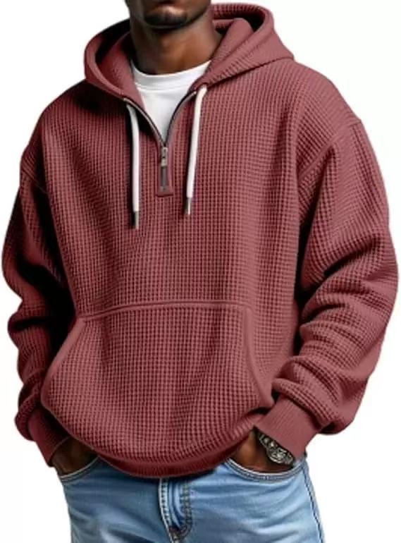Mens Heavyweight Full-Zip Waffle Hooded Sweatshirt Long Sleeve Solid Color Casual Jacket teemdrop