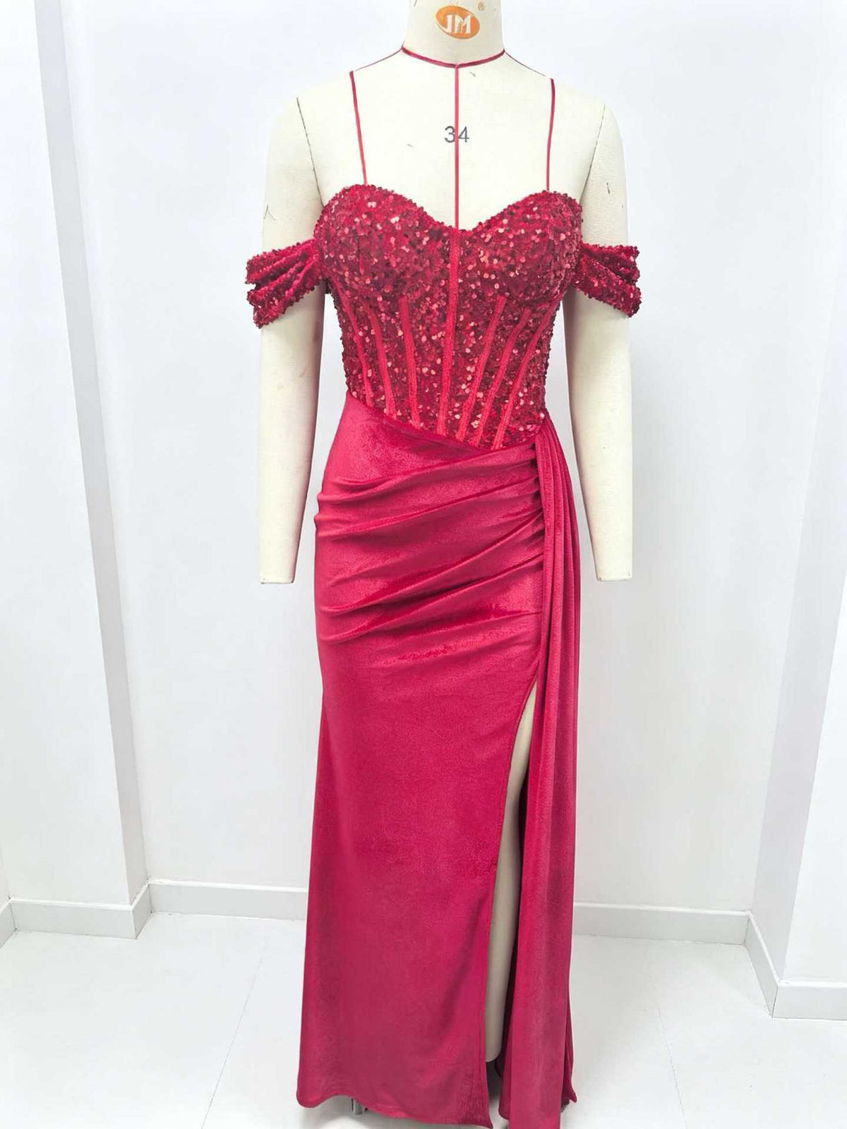 Off Shoulder Sequin Pleated Satin Evening Dress With Slit teemdrop