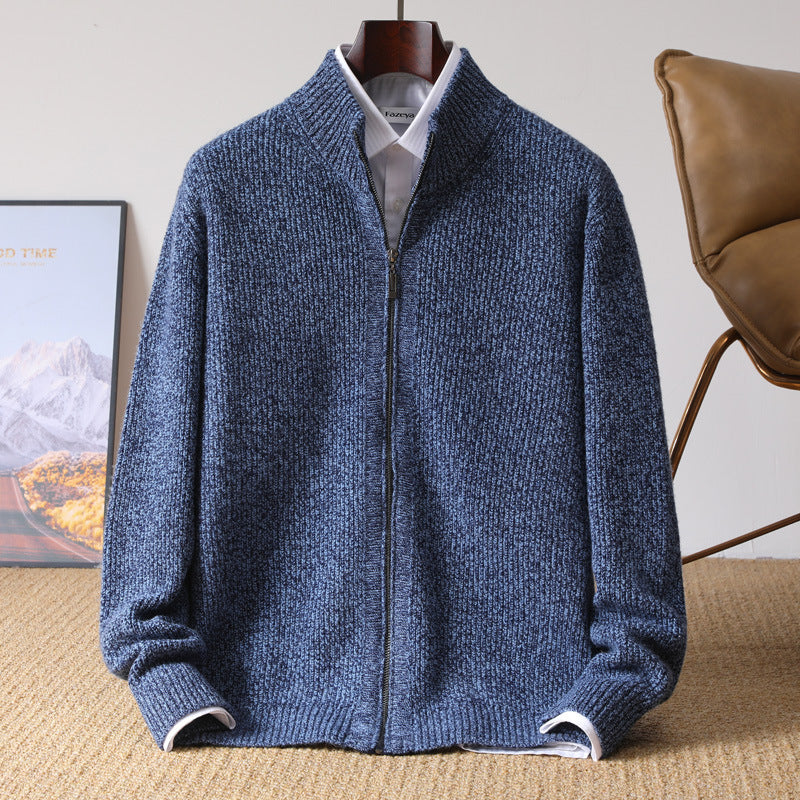 Men's 100% Wool Stand Collar Zip Cardigan teemdrop