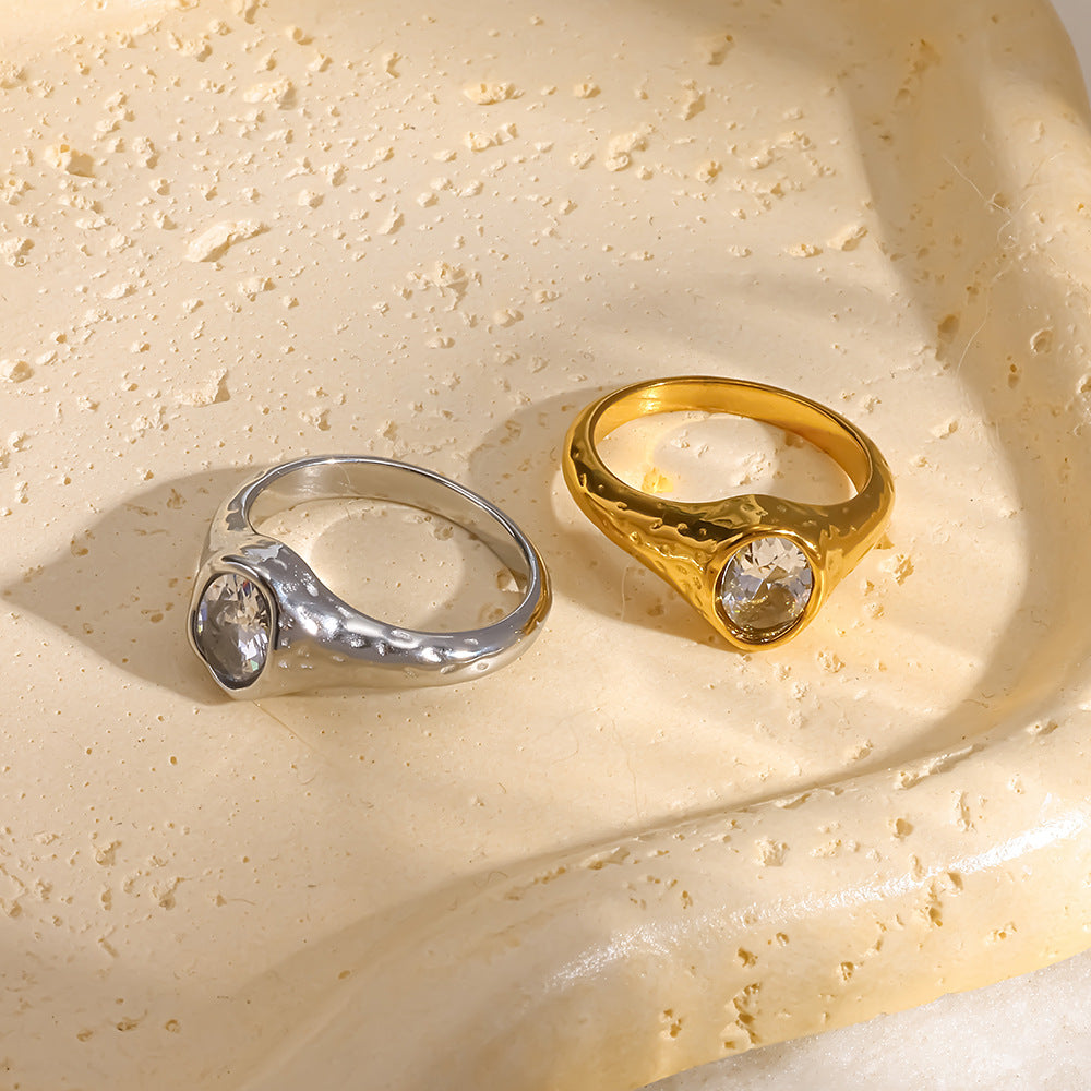 18K Gold Plated Stainless Steel Ring with Zircon Minimalist Hammered Design