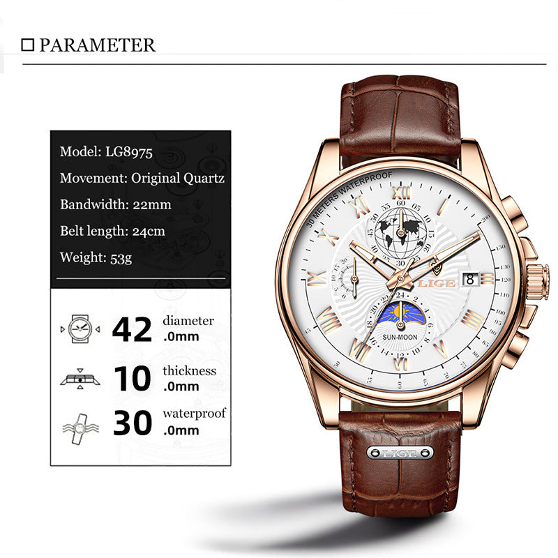 LIGE Men's Business Watch with Moon Phase Multifunction Quartz Wristwatch Leather Strap Waterproof