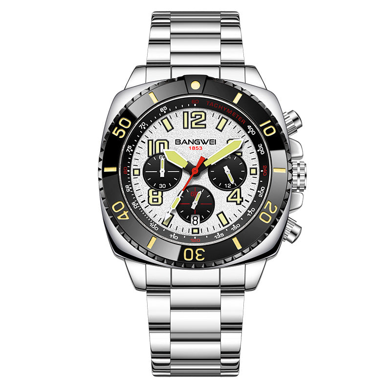 Men's Multifunction Chronograph Calendar Luminous Waterproof Stainless Steel Quartz Watch teemdrop