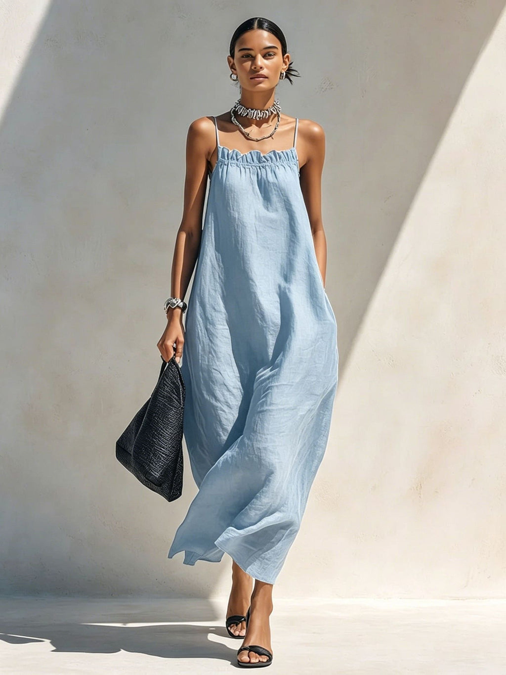 Women's One-Shoulder Sleeveless Smocked Long Dress teemdrop