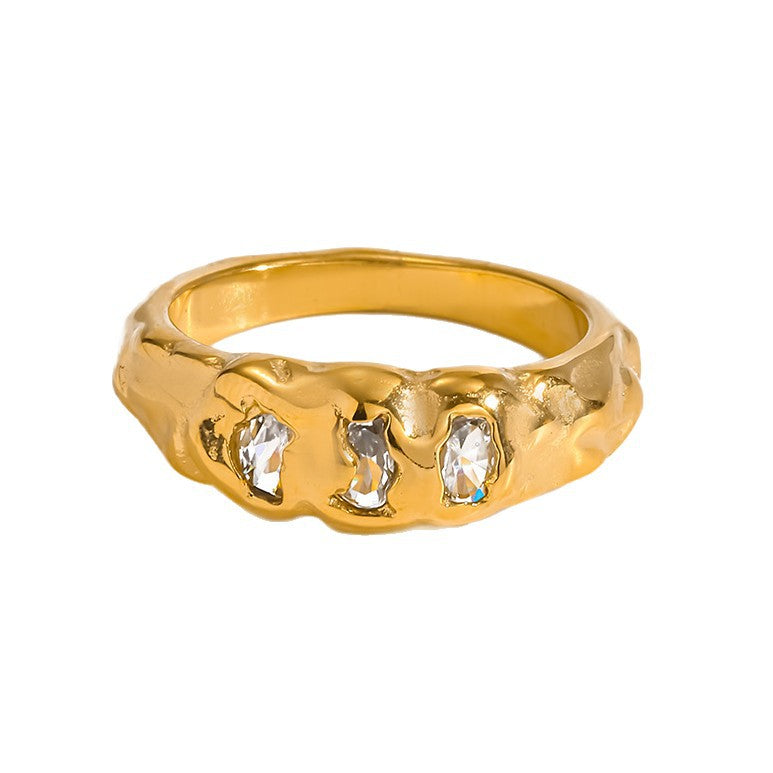 18K Gold Plated Irregular Texture Zircon Ring for Women Stainless Steel