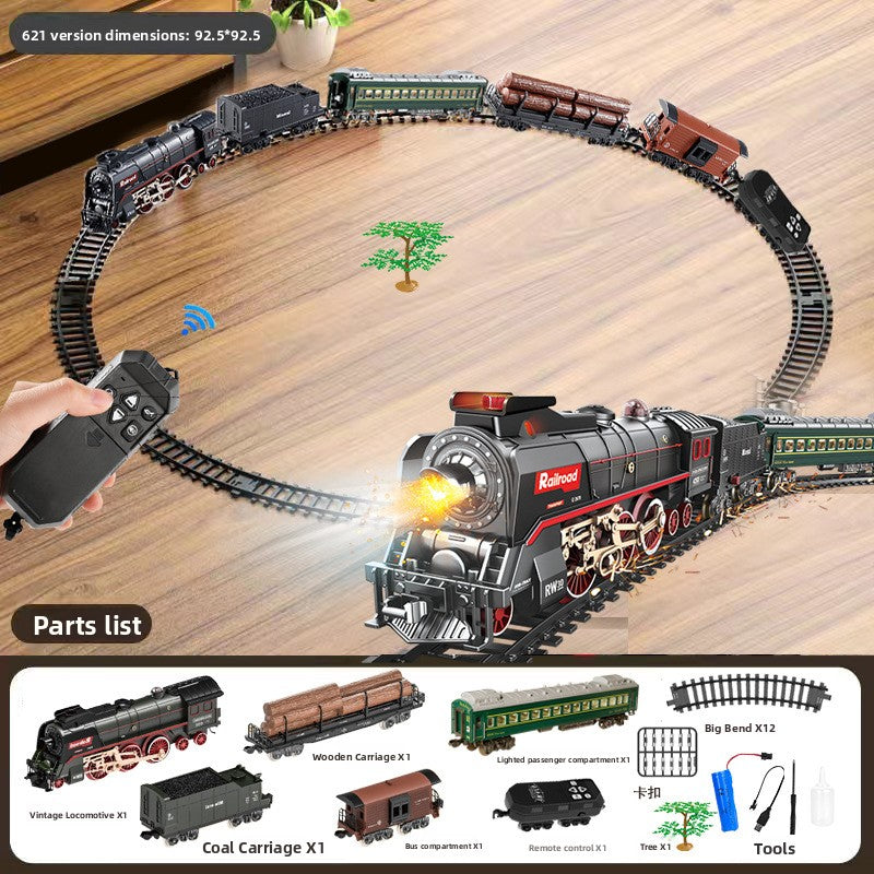 Retro Steam Train Toy Model with Remote Control Light Sound and DIY Track Set