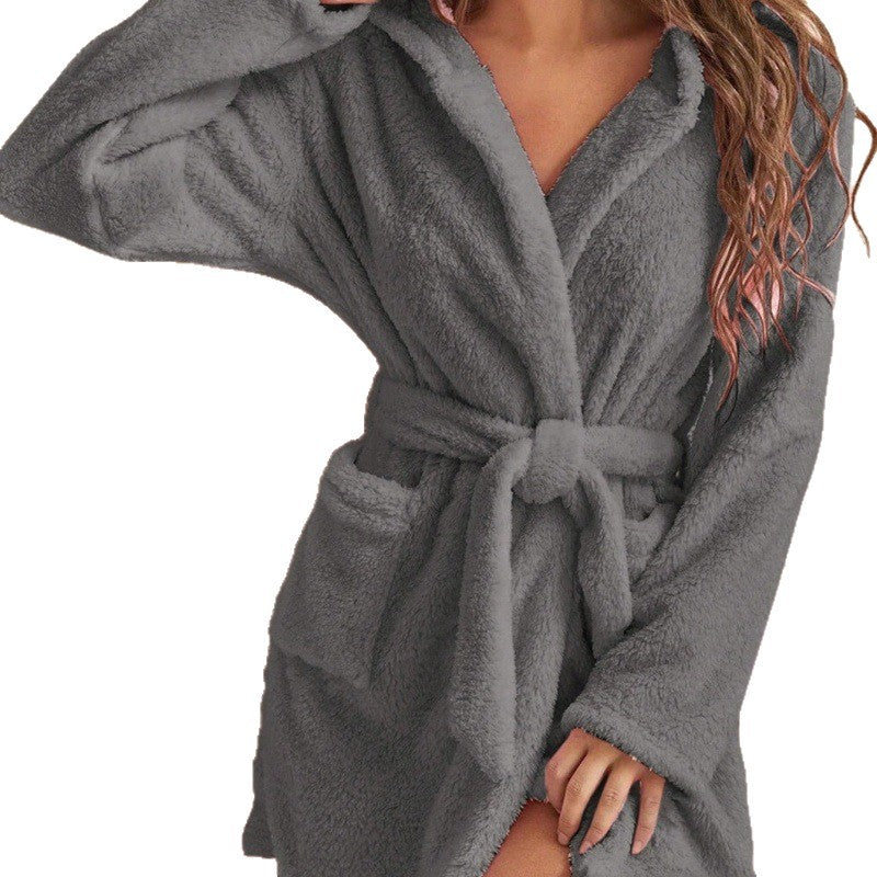 Women's Flannel Coral Fleece V-Neck Long Bathrobe teemdrop