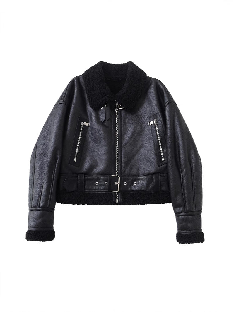Faux Fur Leather Short Zip-Up Jacket teemdrop