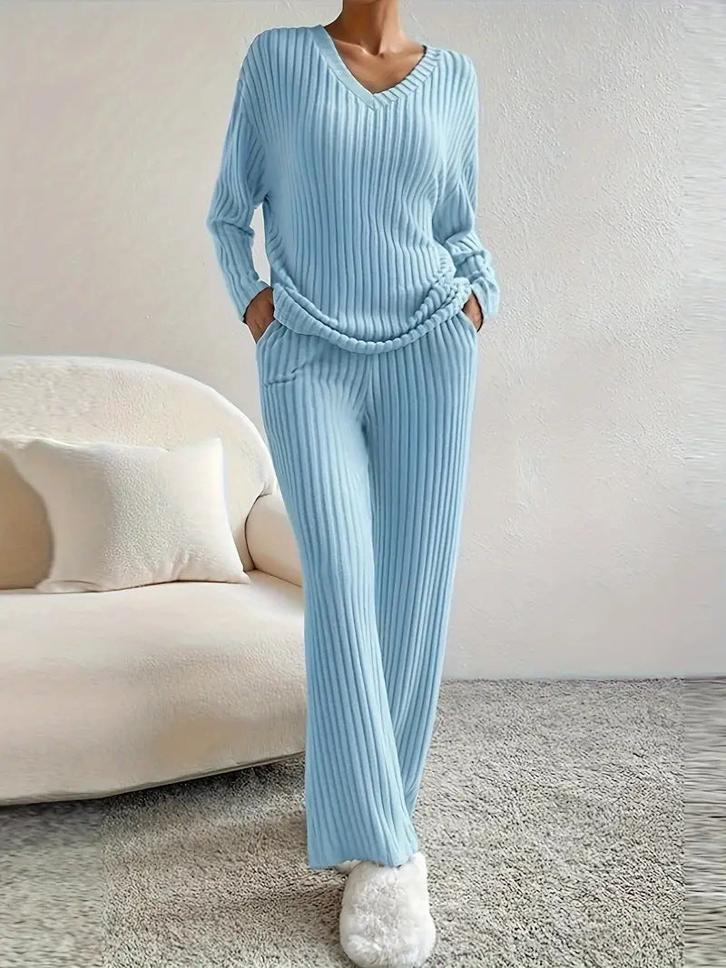 Home Casual Straight Pants Elegant Loose V-neck Pit Two-piece Set