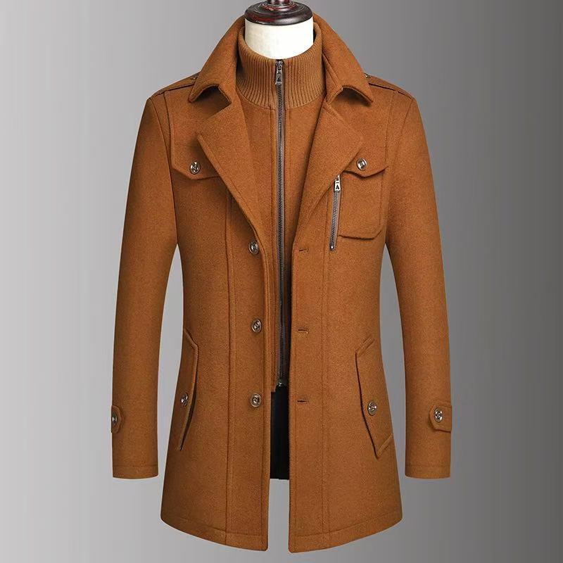 Men's Warm Double-Collar Woolen Coat with Loose Fit and Zip Closure teemdrop
