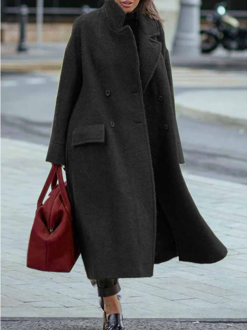 European and American Long Woolen Coat for Autumn and Winter Solid Color Elegant Commuter Wool Green Coat with Belt-Free Lapel