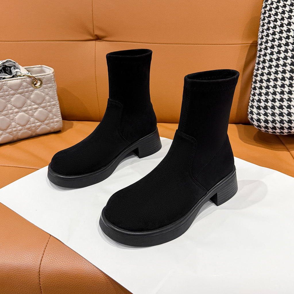 Women's Suede Ankle Boots Retro Round Toe Chunky Heel Riding Boots teemdrop