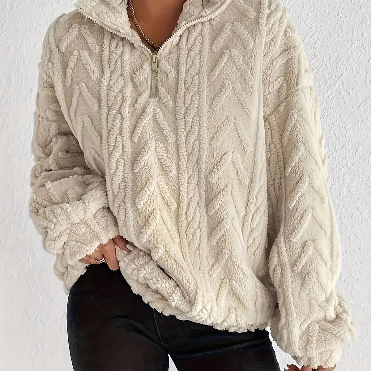 Women's Double-Sided Plush Flower Casual Zipper Pullover Top teemdrop