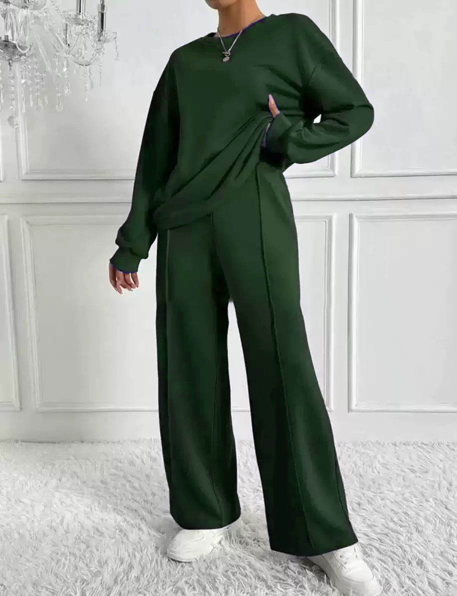 Women's Solid Color Round Neck Long Sleeve Pants Suit Casual Two-Piece Set teemdrop