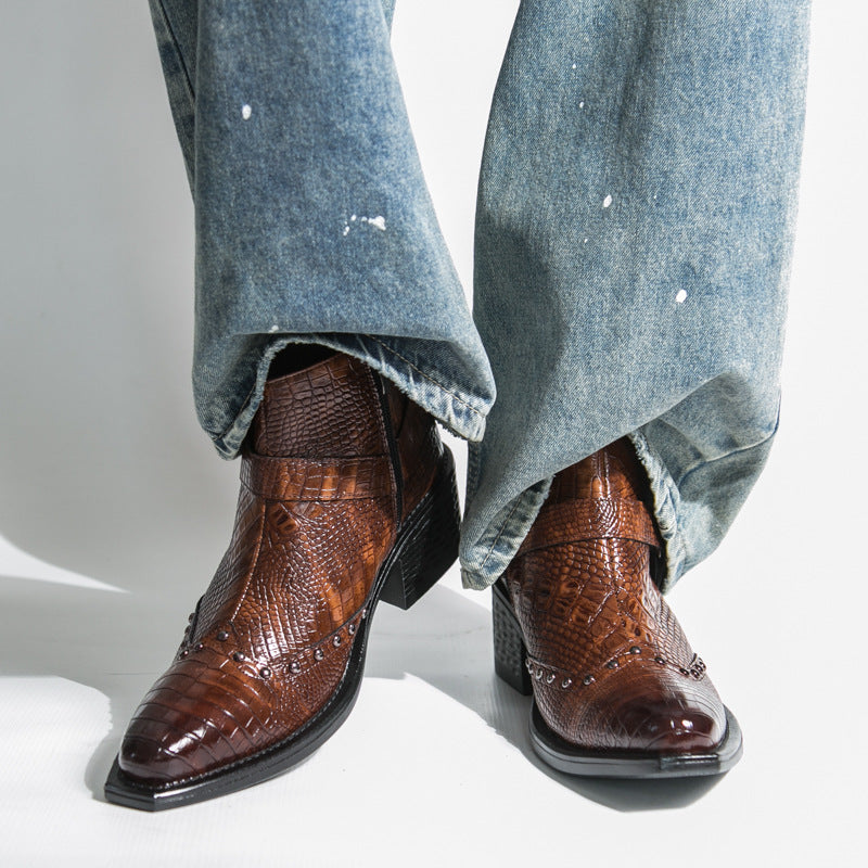 Men's Pointed Toe Leather Boots with Side Zipper and Wedge Heel teemdrop