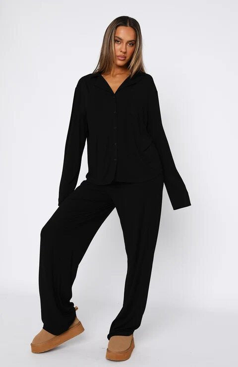 Women Modal Lapel Collar Long Sleeve Sleepwear Set teemdrop