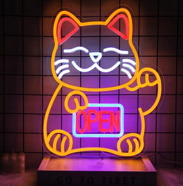 USB Dimmable LED Neon Sign, Cat Eating Noodles Light, Acrylic Animal Shaped Nightlight for Home Decor teemdrop
