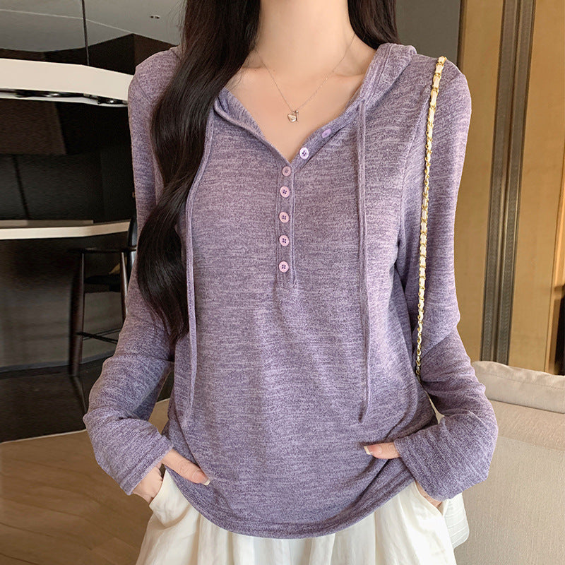 Women's Button-Down Knit Hoodie Long Sleeve Henley T-Shirt teemdrop