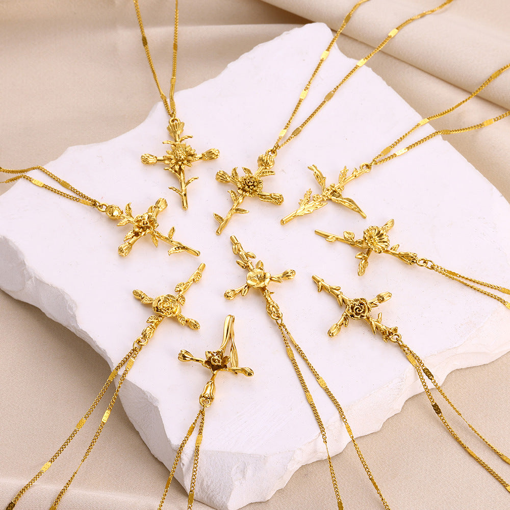 Gold Plated 3D Flower Cross Neckla teemdrop