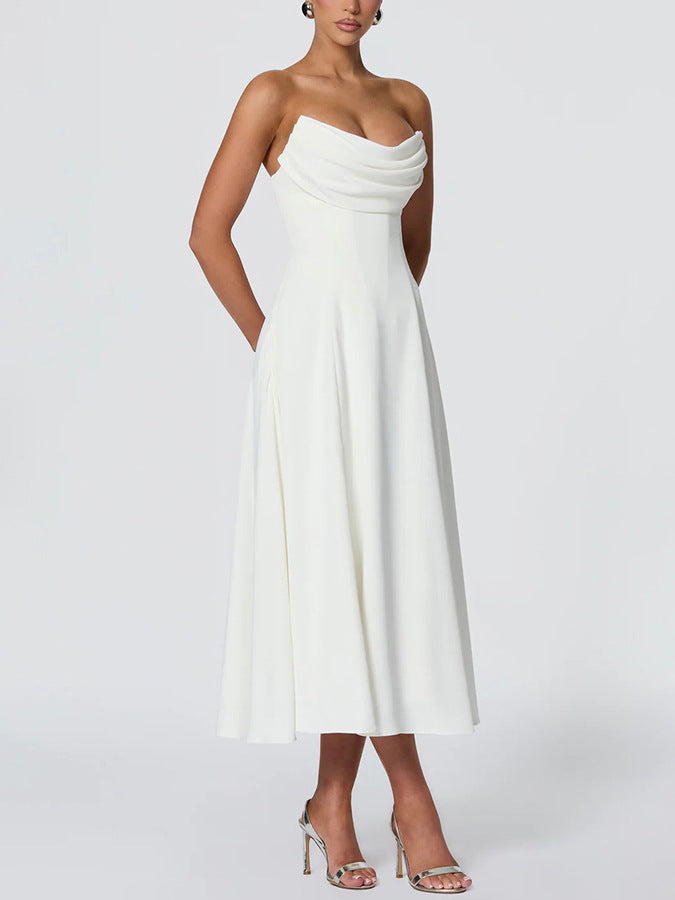 Women's Strapless Pleated Lace-Up A-Line Maxi Dress teemdrop
