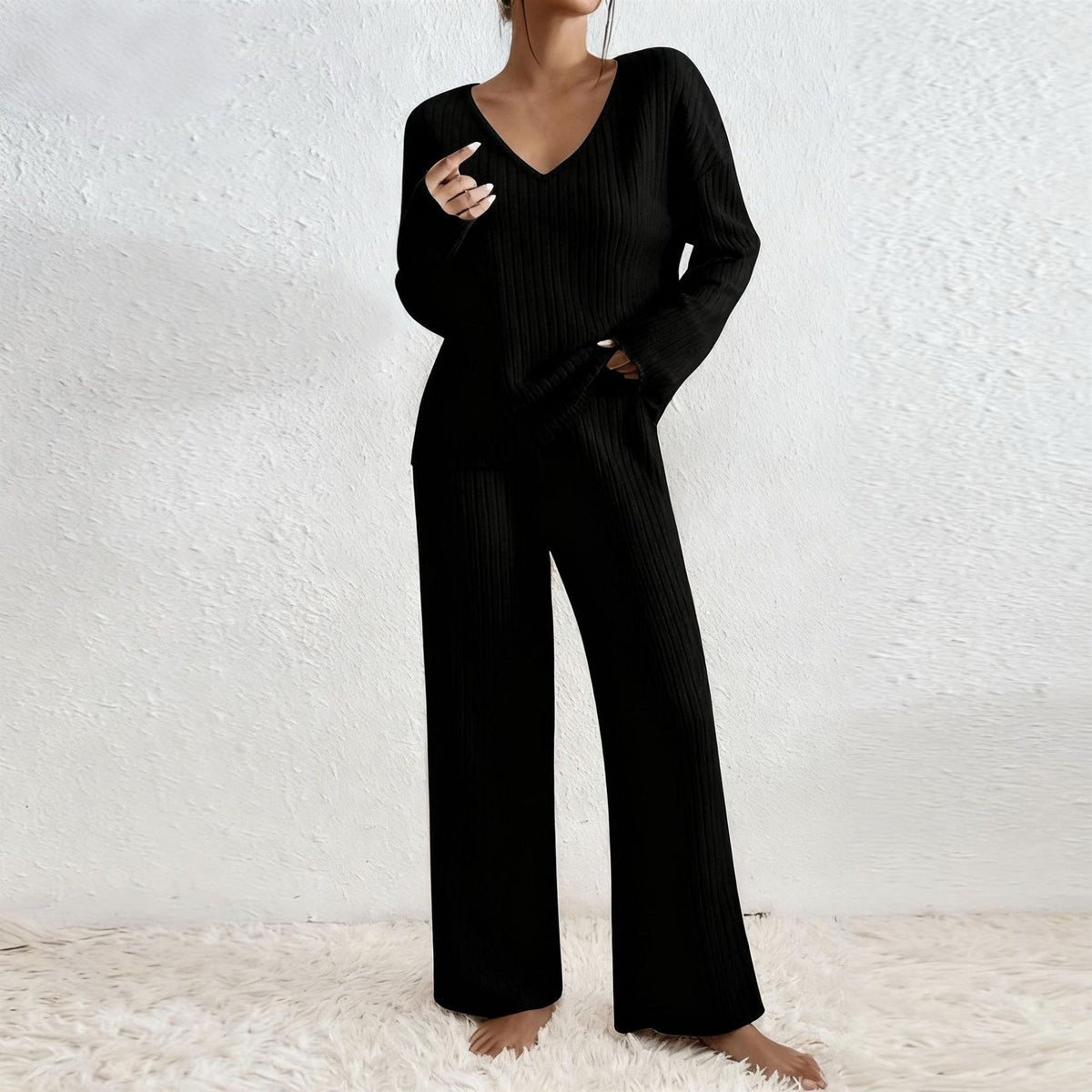 Women V-Neck Loose Ribbed Knit Long Sleeve Top Suit Set teemdrop