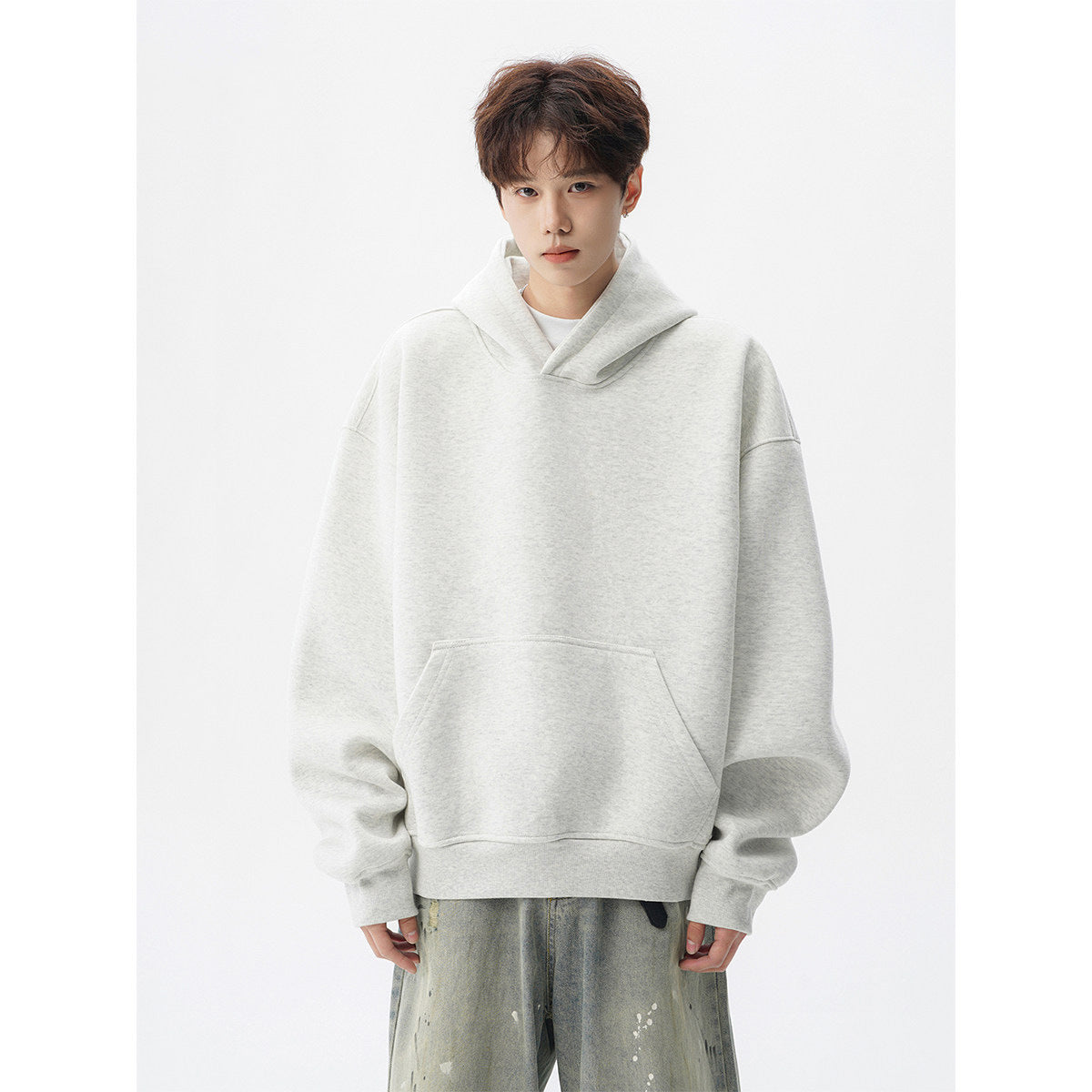 Men Heavyweight 400g Pure Cotton Double Layer Hooded Sweatshirt Loose Fit Solid Color teemdrop
