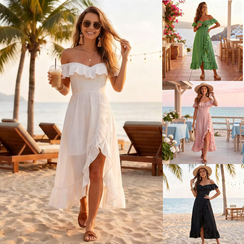 Women's Sleeveless V-Neck Ruffle Long Dress with Slit teemdrop
