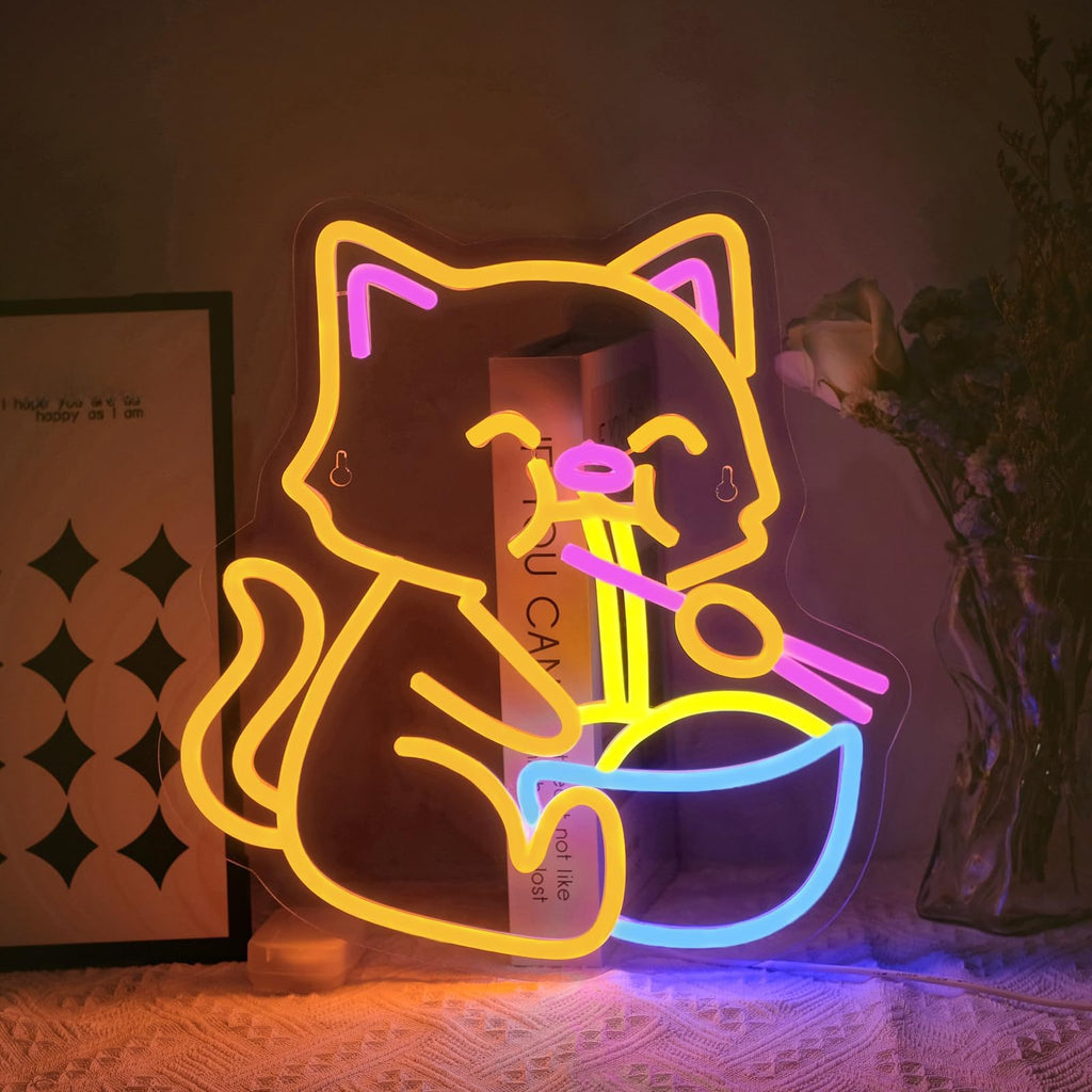 USB Dimmable LED Neon Sign, Cat Eating Noodles Light, Acrylic Animal Shaped Nightlight for Home Decor teemdrop
