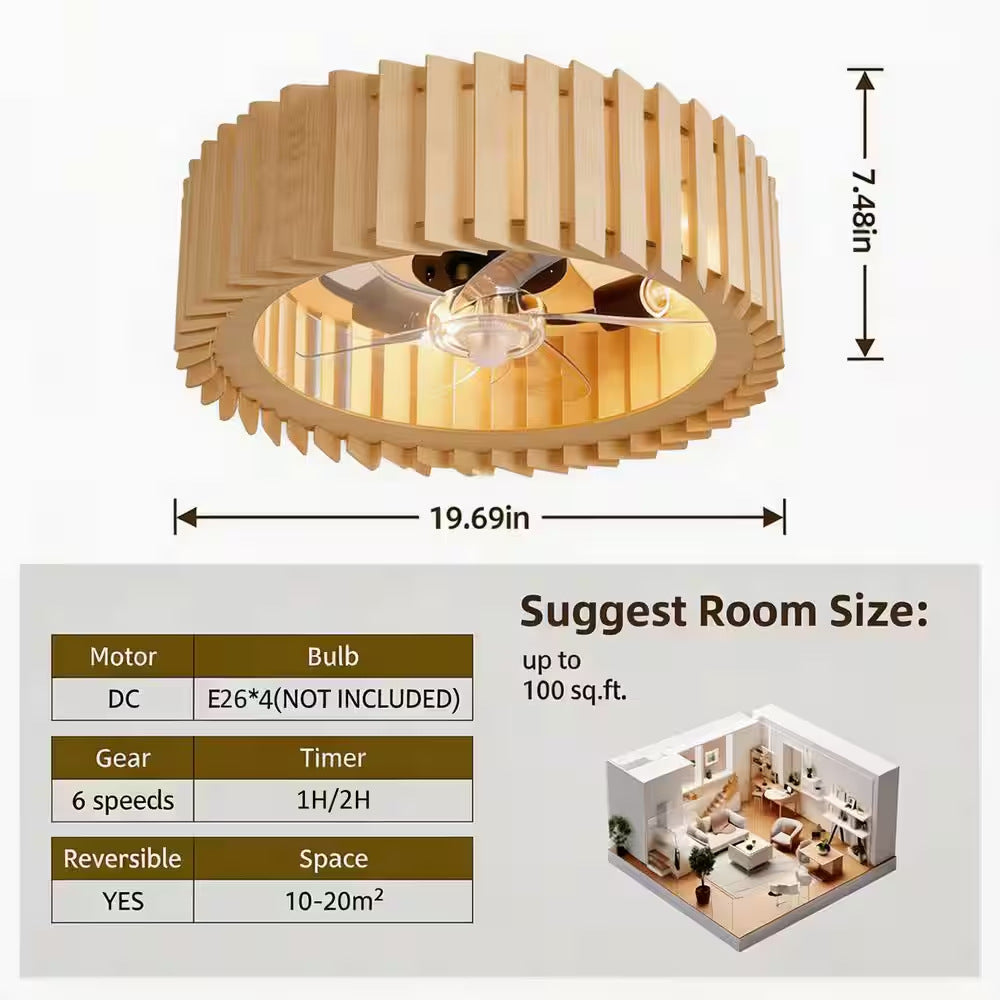 Wabi-Sabi Wooden Fan Chandelier Vintage Ceiling Lamp with Remote Control teemdrop