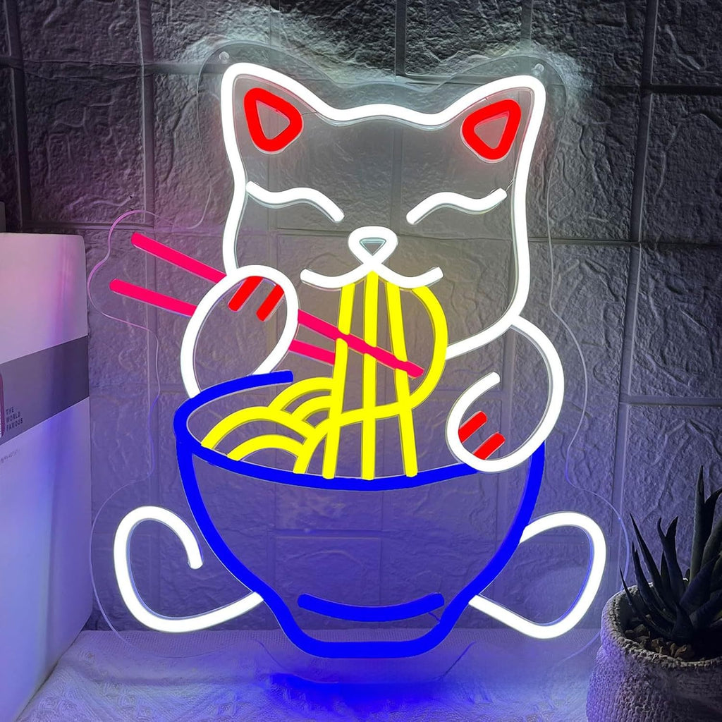 USB Dimmable LED Neon Sign, Cat Eating Noodles Light, Acrylic Animal Shaped Nightlight for Home Decor teemdrop