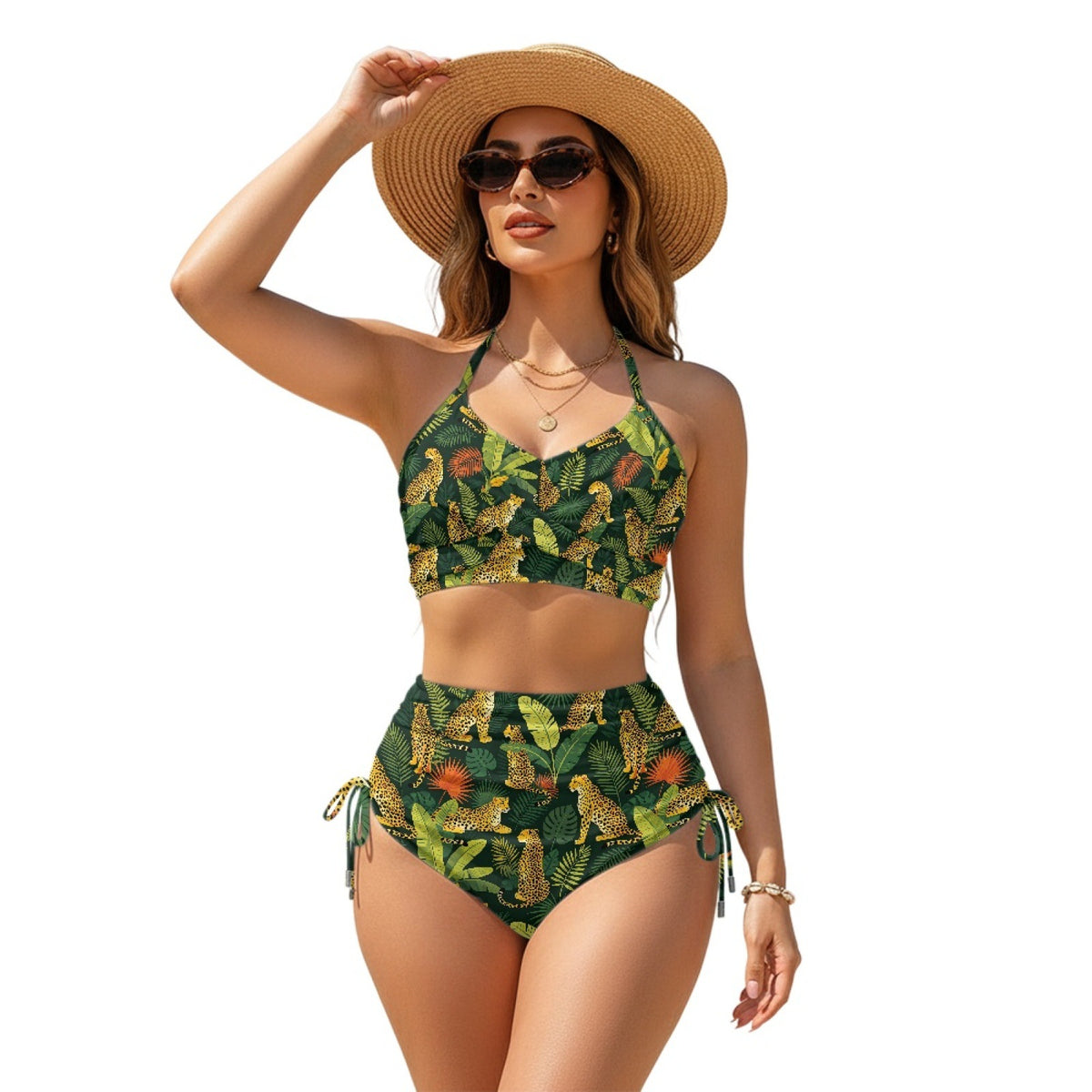 Women Sexy Animal Print High-Waist Drawstring Two-Piece Bikini Swimsuit teemdrop