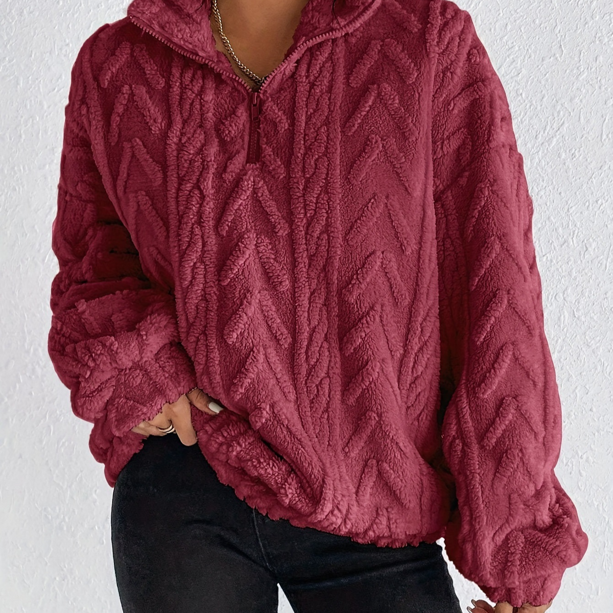Women's Double-Sided Plush Flower Casual Zipper Pullover Top teemdrop
