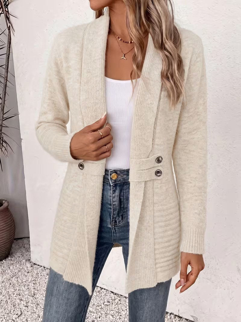 Women's Mid-Length Double-Breasted Knitted Cardigan Sweater teemdrop