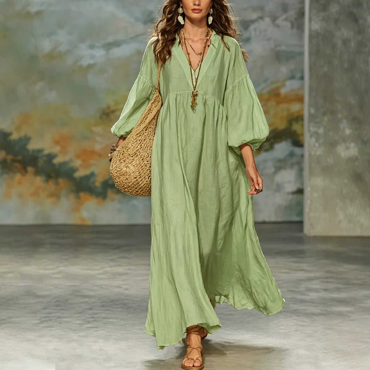 dress women's cotton and linen deep V lantern sleeves teemdrop
