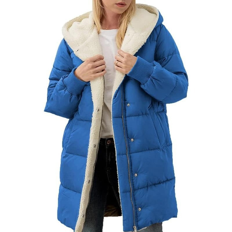 Solid color hooded cotton-padded jacket long-sleeved double-sided velvet slim-fit elegant cardigan teemdrop