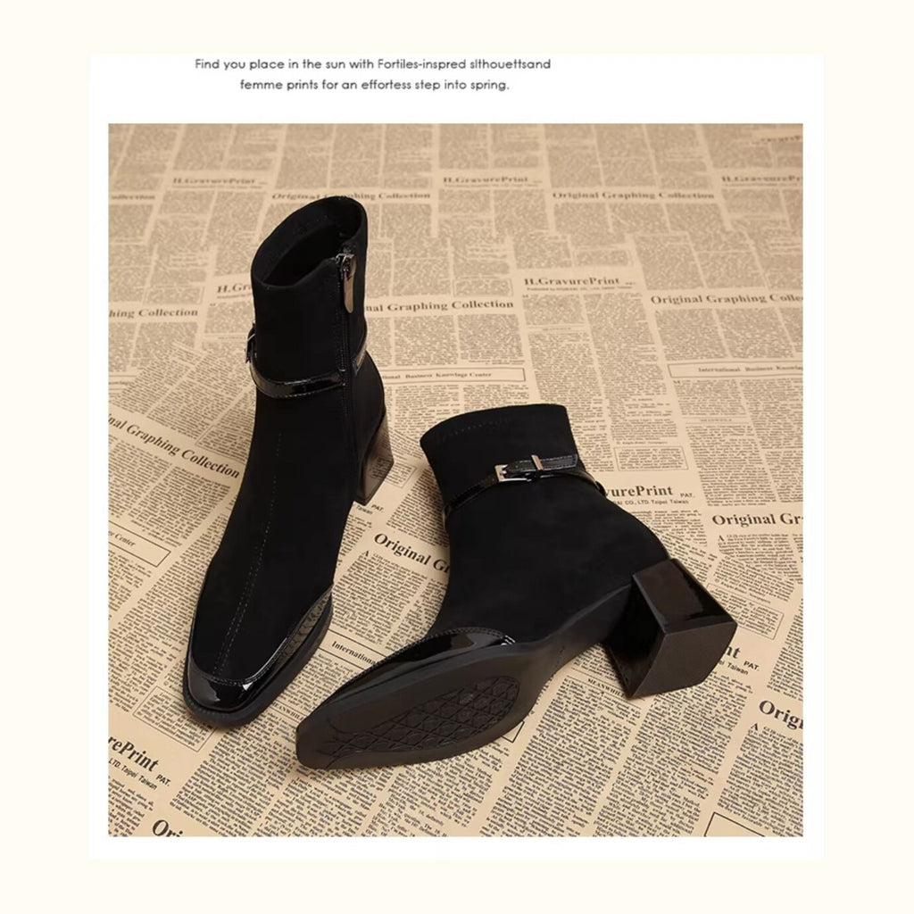 Women Pointed Toe Suede Chunky Heel Ankle Boots Side Zipper Chelsea Boots teemdrop