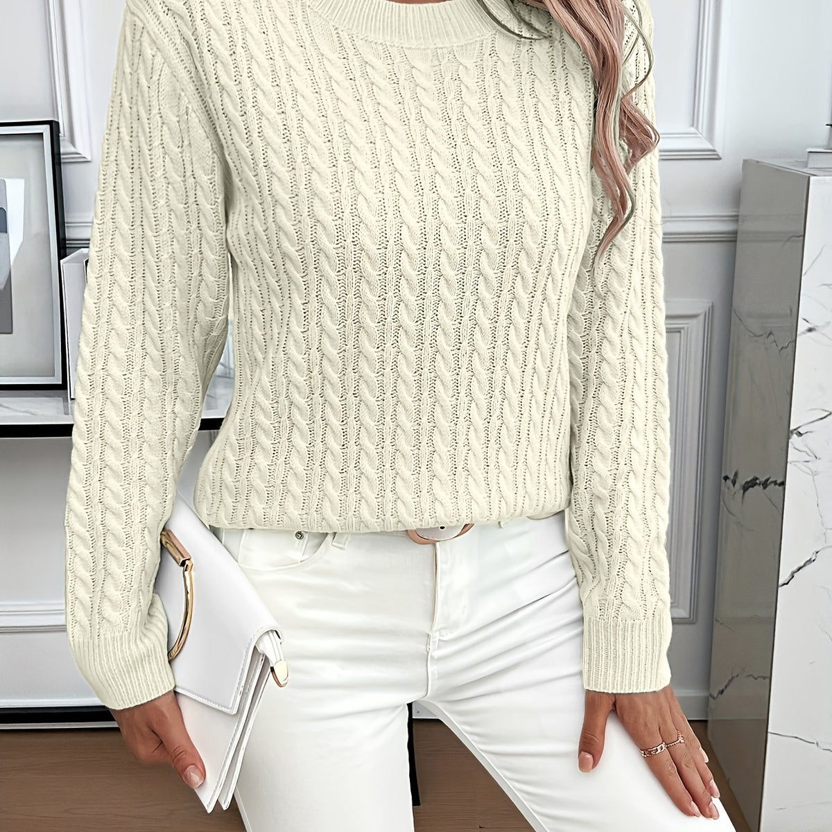 Crew-neck cable-knit sweater teemdrop