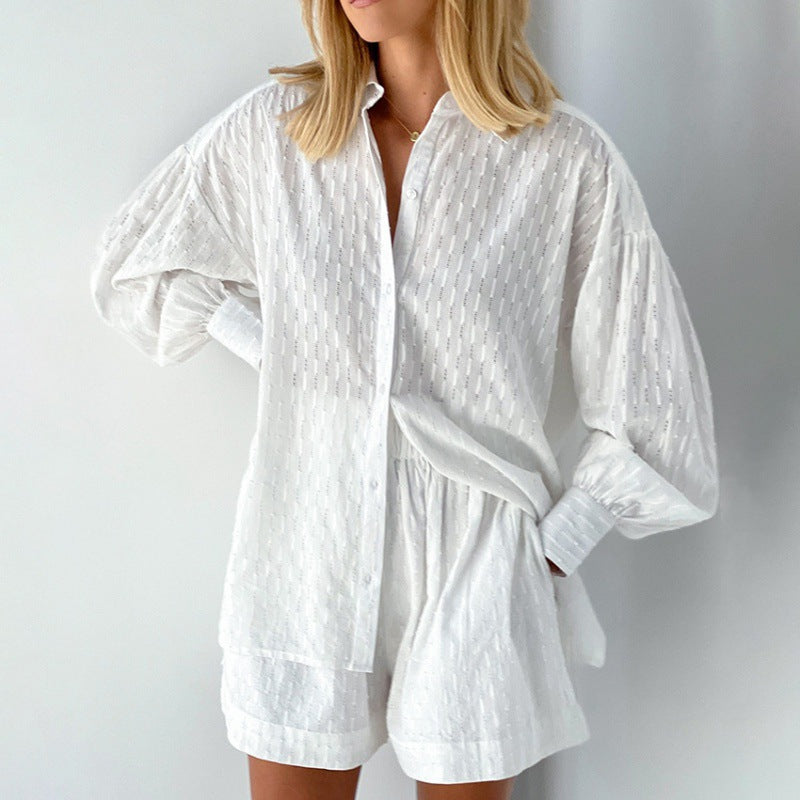 Women's Jacquard Puff Sleeve Shirt and Shorts Two-Piece Set teemdrop
