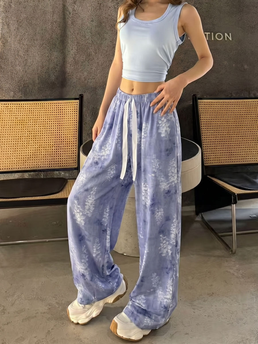 Women's Artistic Print High-Waist Wide-Leg Cotton Casual Pants teemdrop